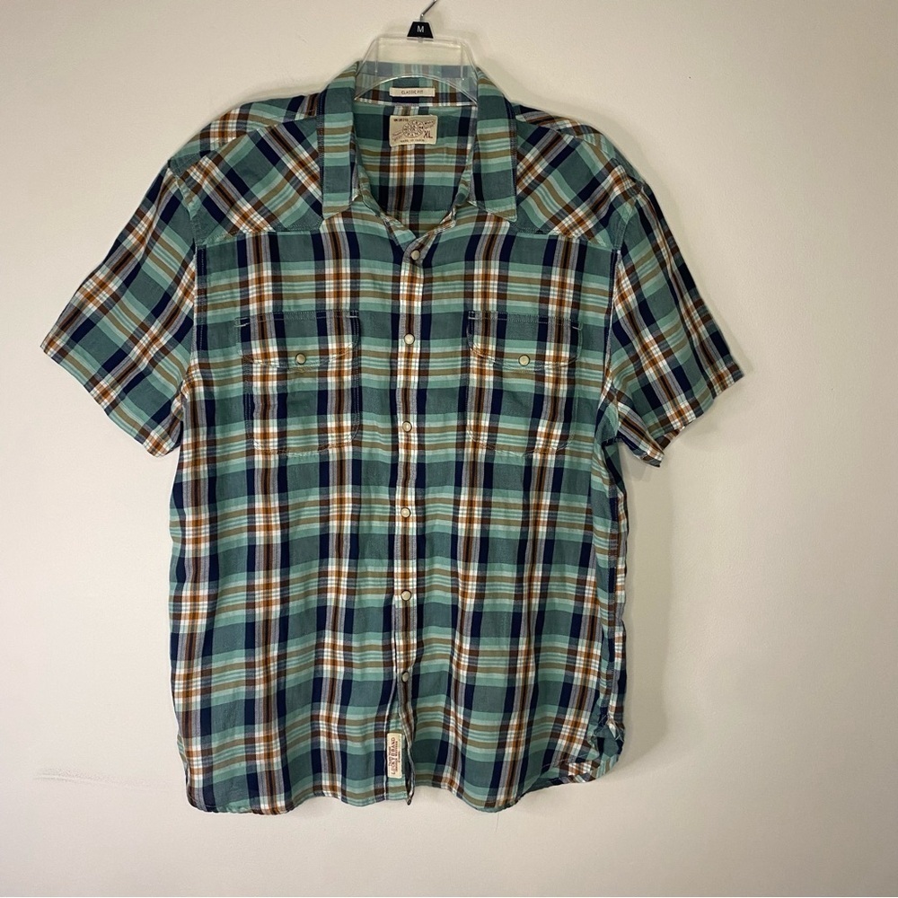 Lucky Brand Classic Fit Button Up Blue Green Plaid Polo Shirt Western Casual XL